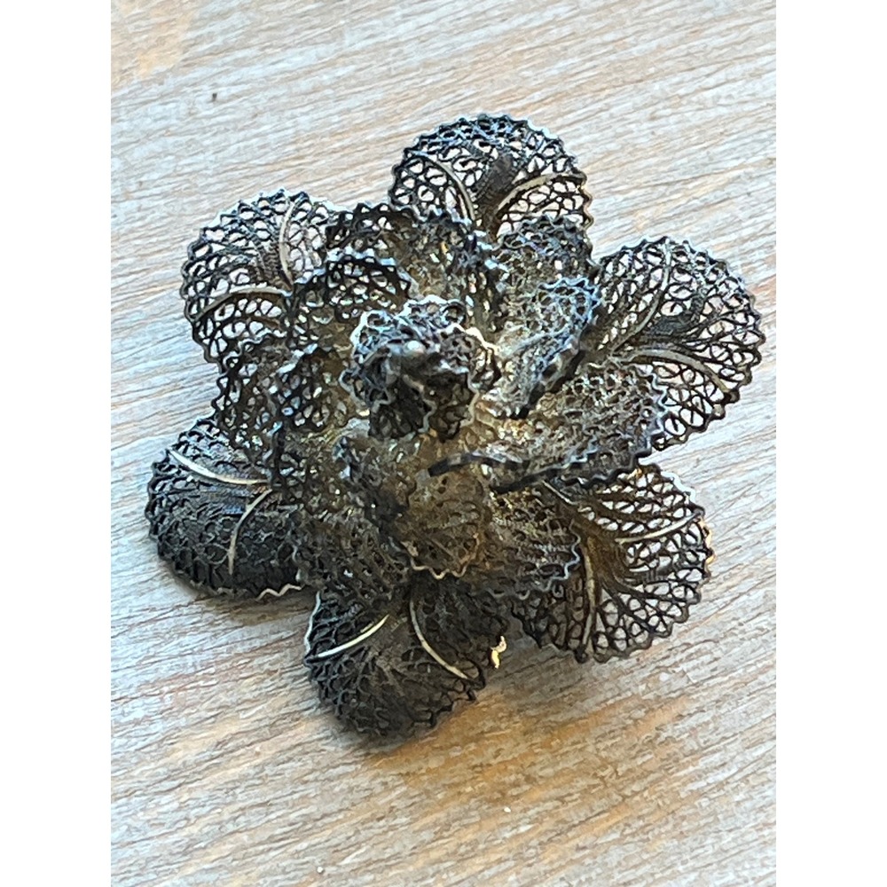 Topazio Silver 925 Filigree Flower Brooch Layered Floral Pin Vintage Jewelry